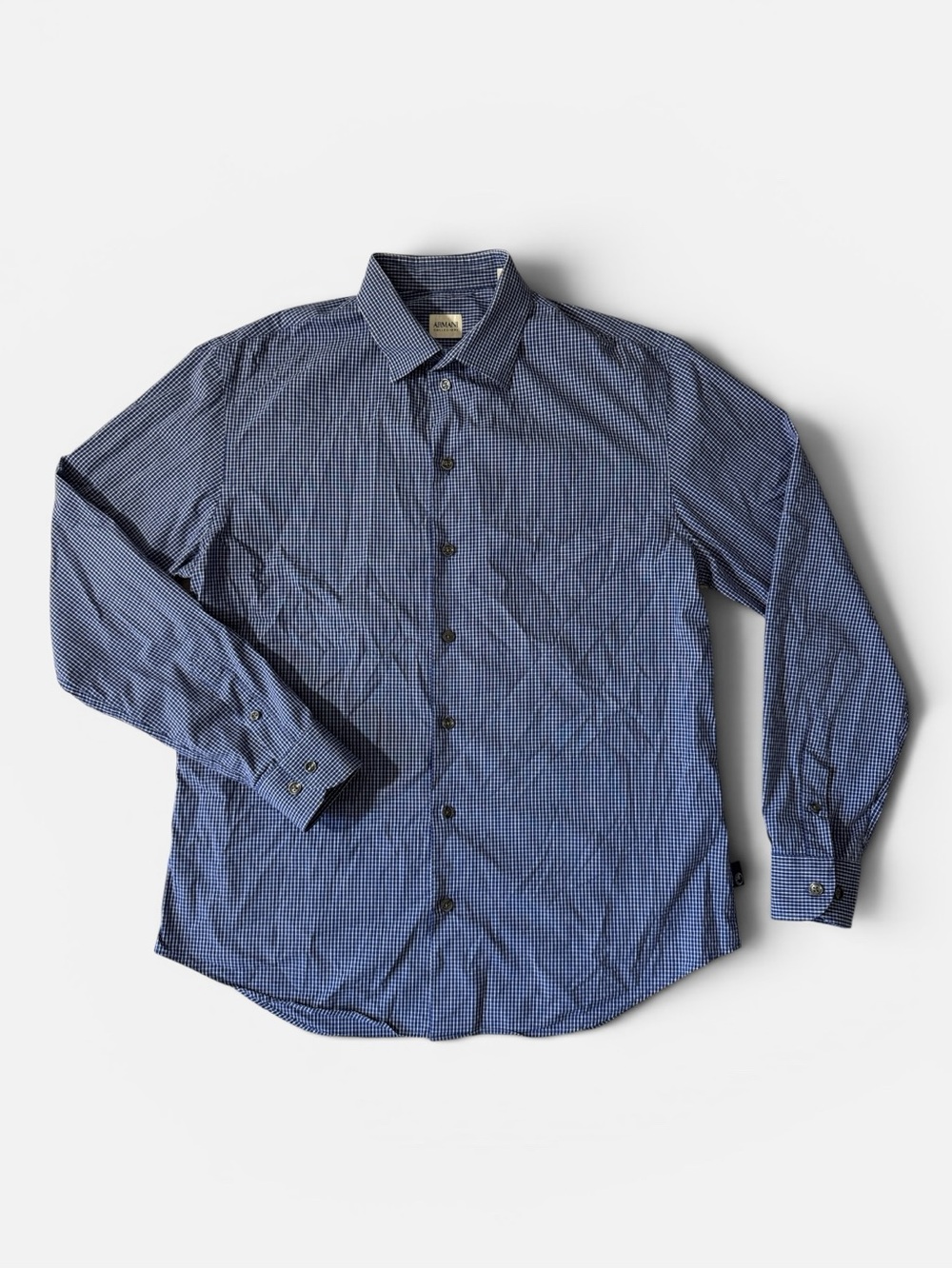 Armani Collezioni mens L Large blue check cotton blend button up casual shirt
